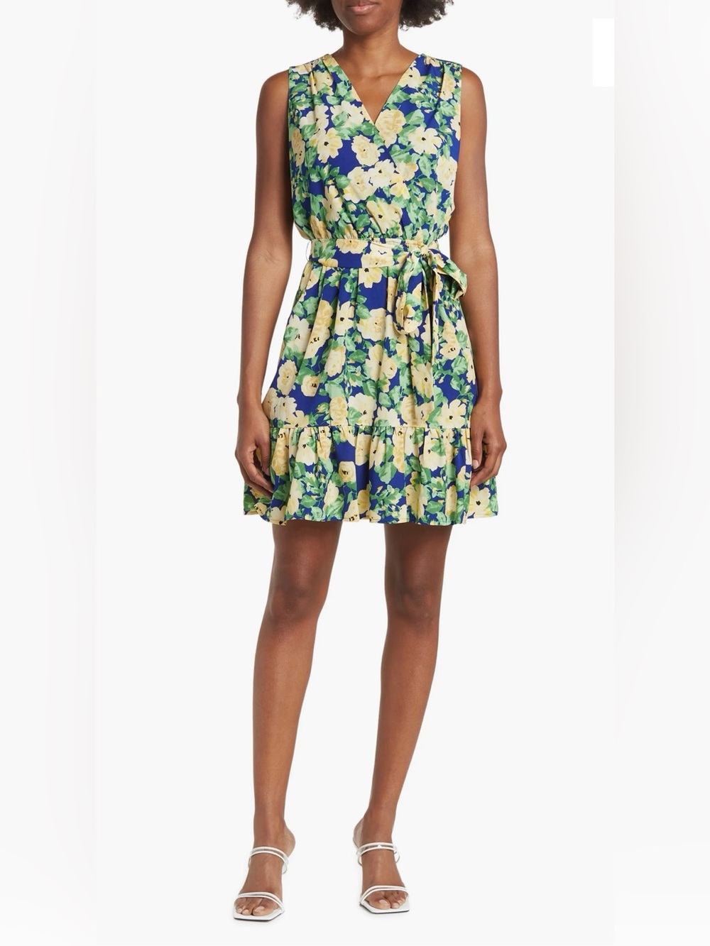 Sam Edelman Positano Blue Floral Tie-Waist Mini Dress with Yellow Blooms